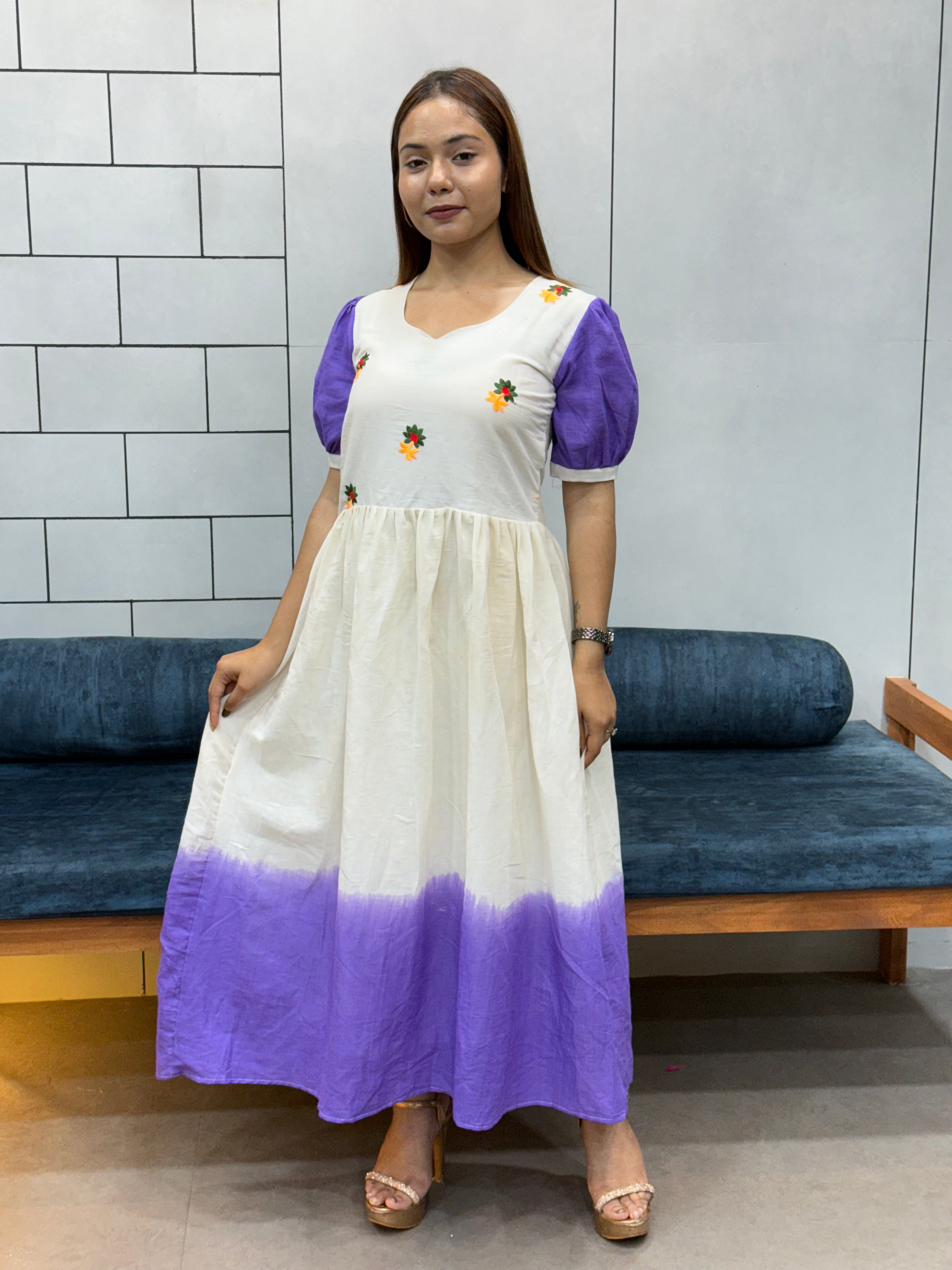 Cream & Lavender mul Cotton Flared Dress with Puff Sleeves and Floral Embroidery