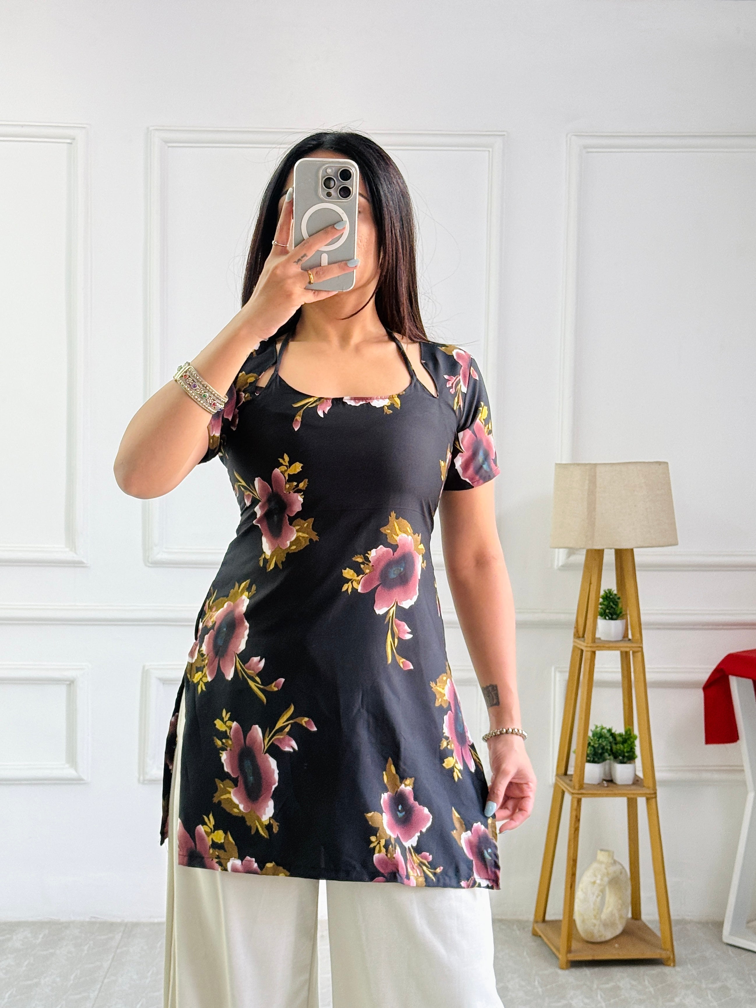 Burgundy & Black Floral Tunic with Adjustable Corset Back