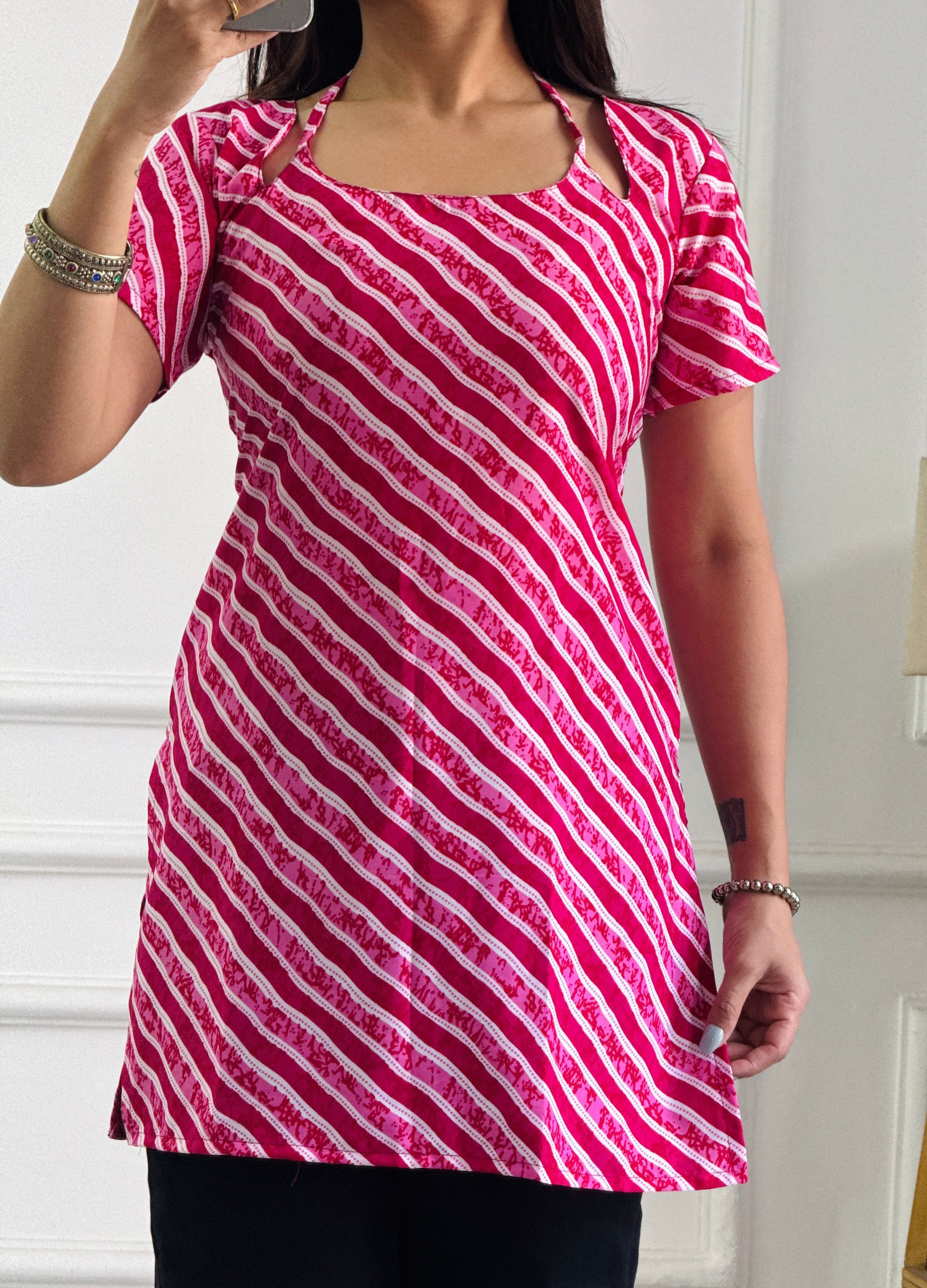 Multi-Wear Kurti Festive Pink & White Stripe - Adjustable Fit