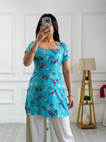 Aqua Blue Floral Print Cambric Cotton Kurti with Corset Back