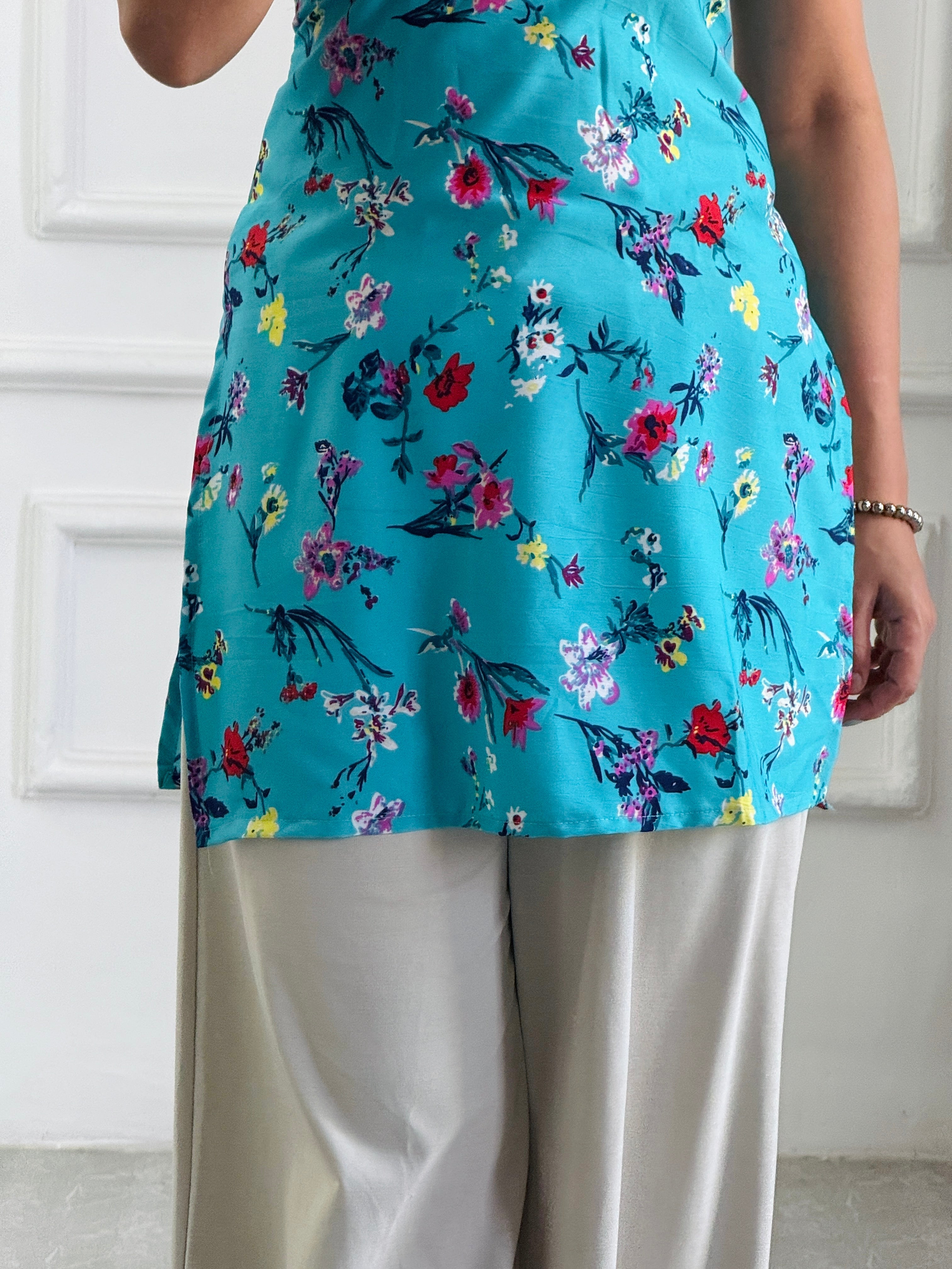Aqua Blue Floral Print Cambric Cotton Kurti with Corset Back
