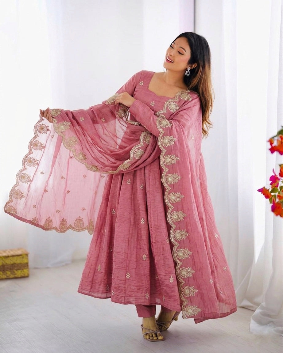 Designer Gold Crush Silk Heavy Embroidered Gown Set