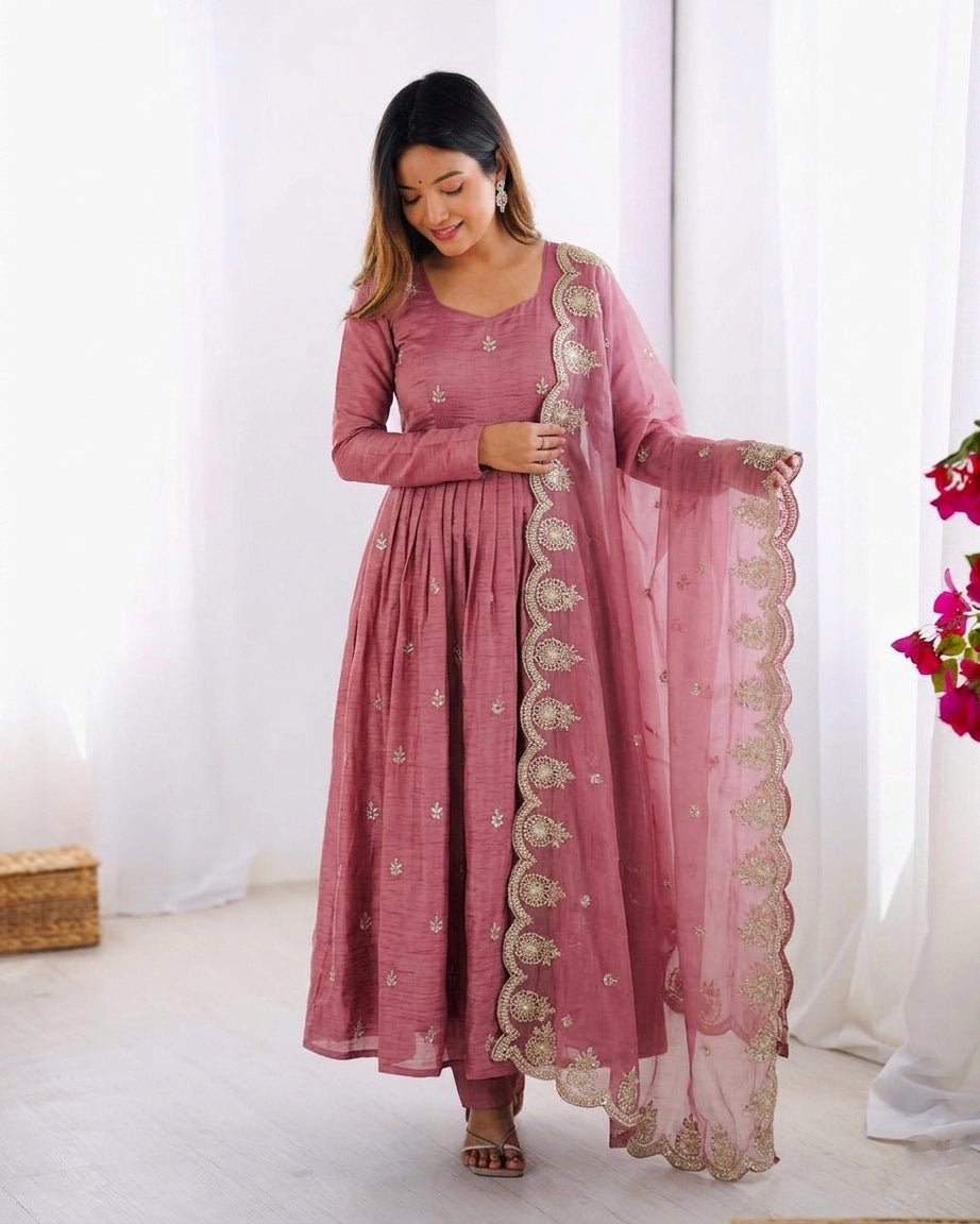 Designer Gold Crush Silk Heavy Embroidered Gown Set