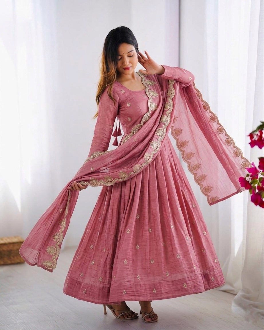 Designer Gold Crush Silk Heavy Embroidered Gown Set