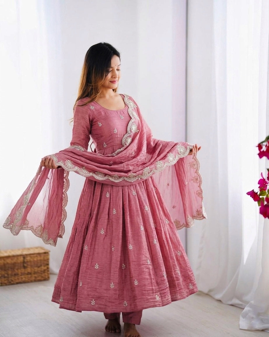 Designer Gold Crush Silk Heavy Embroidered Gown Set