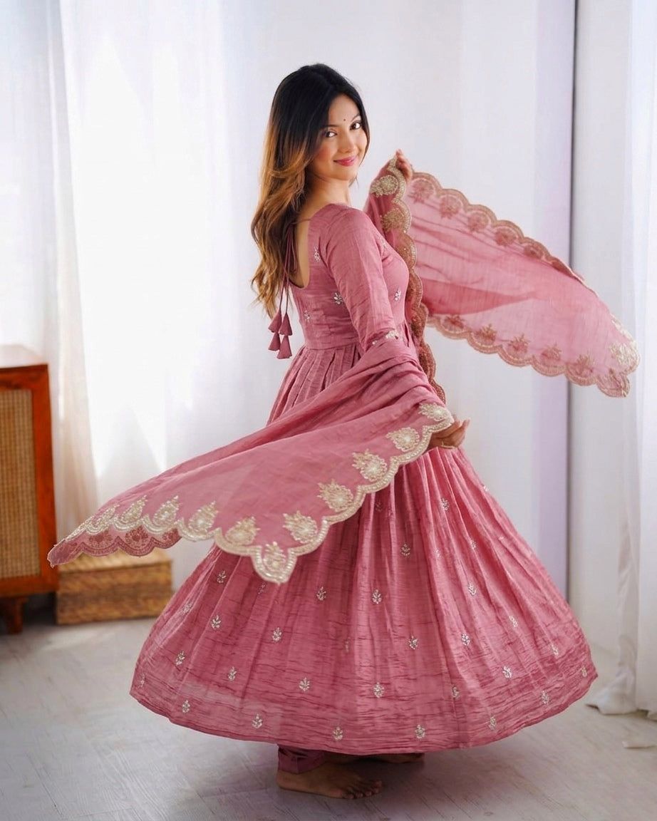 Designer Gold Crush Silk Heavy Embroidered Gown Set