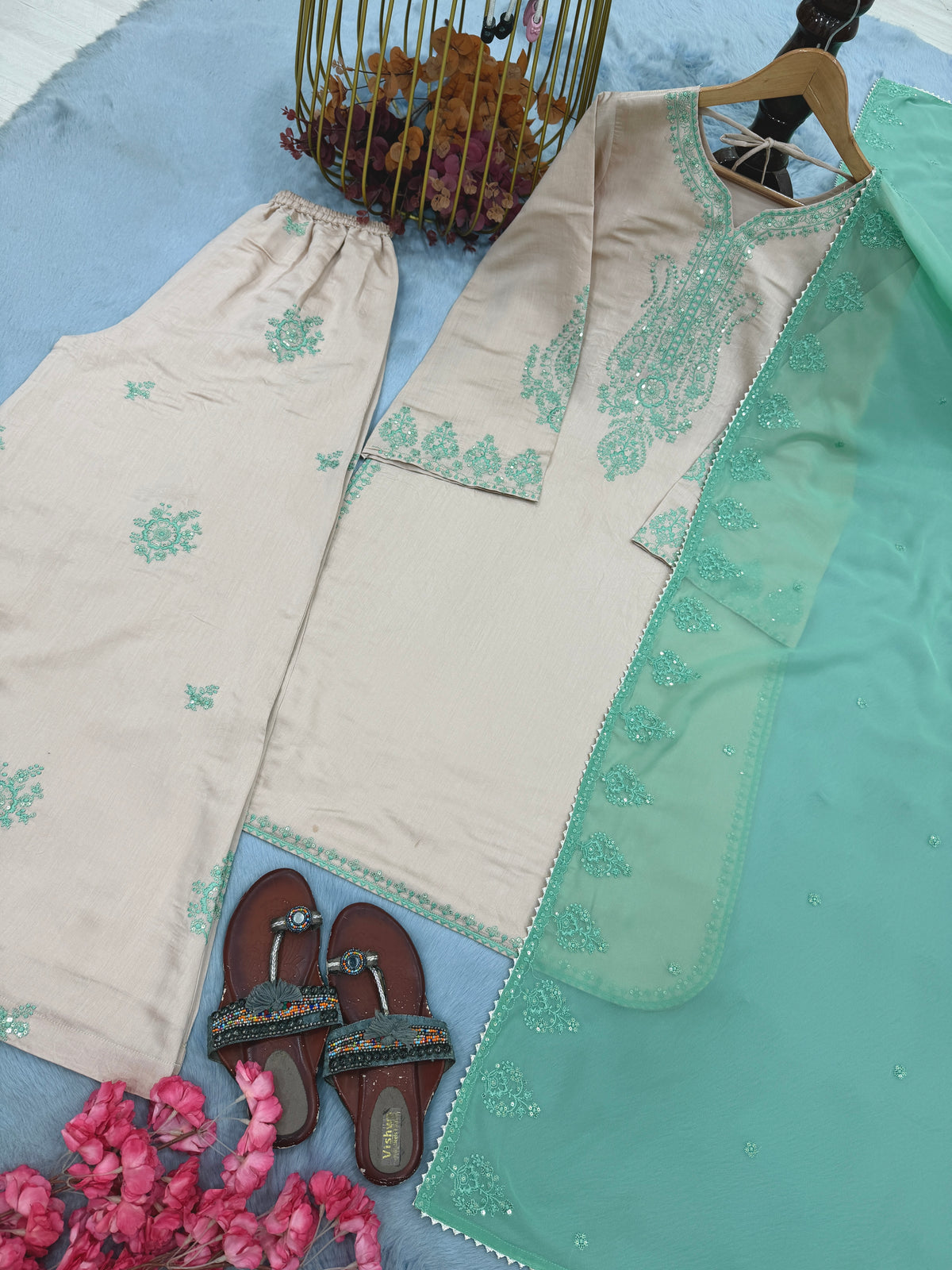 Pure Roman Silk Sequin Work Kurti Palazzo Set