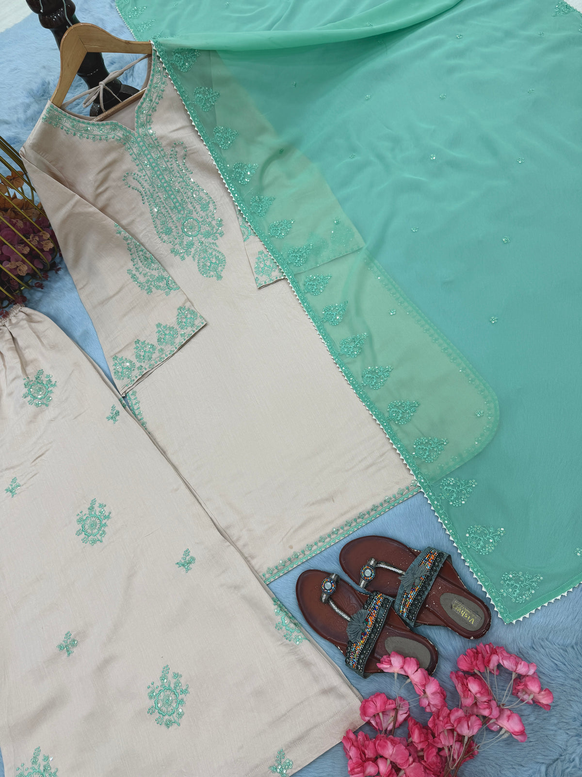 Pure Roman Silk Sequin Work Kurti Palazzo Set