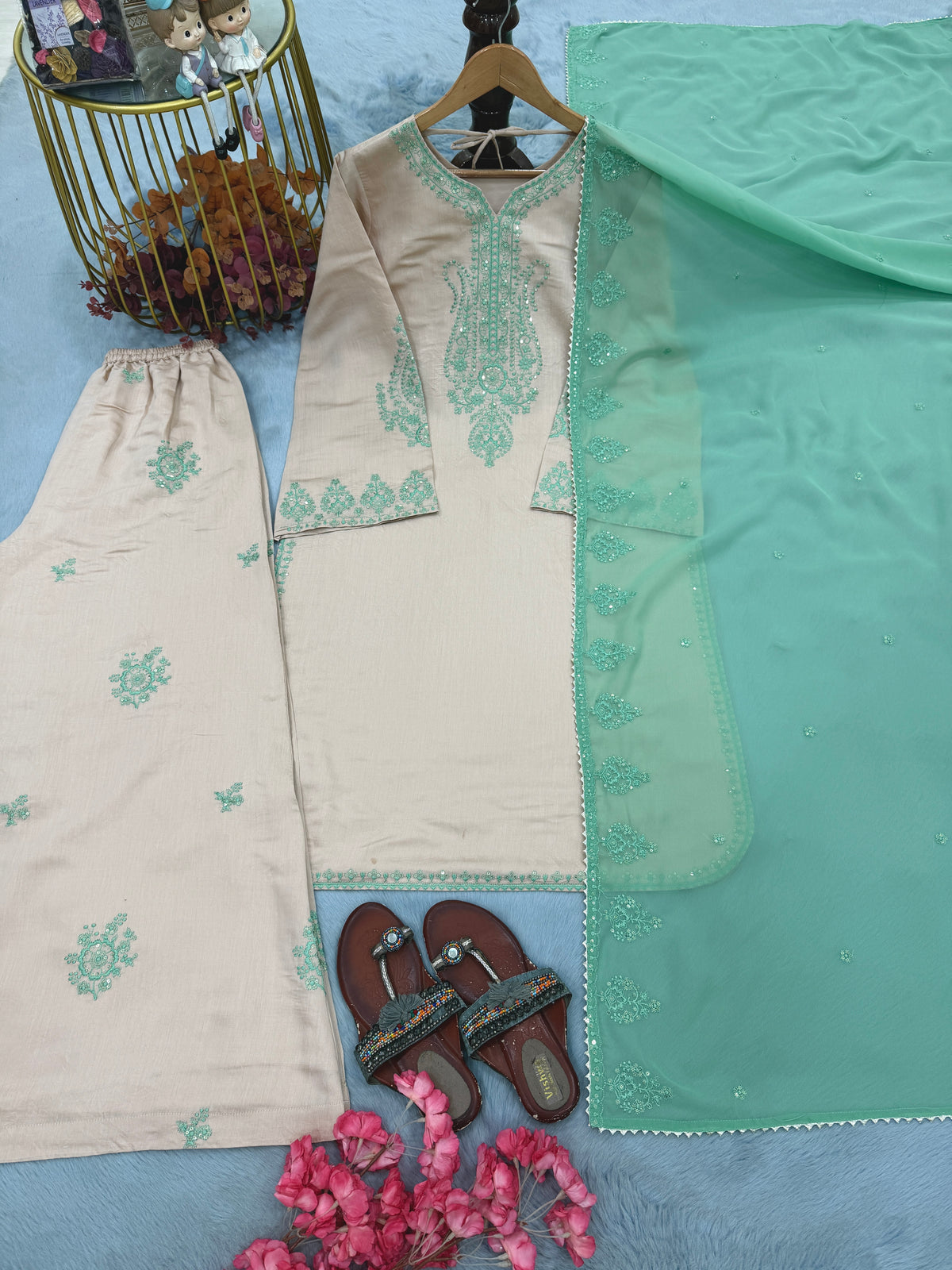 Pure Roman Silk Sequin Work Kurti Palazzo Set