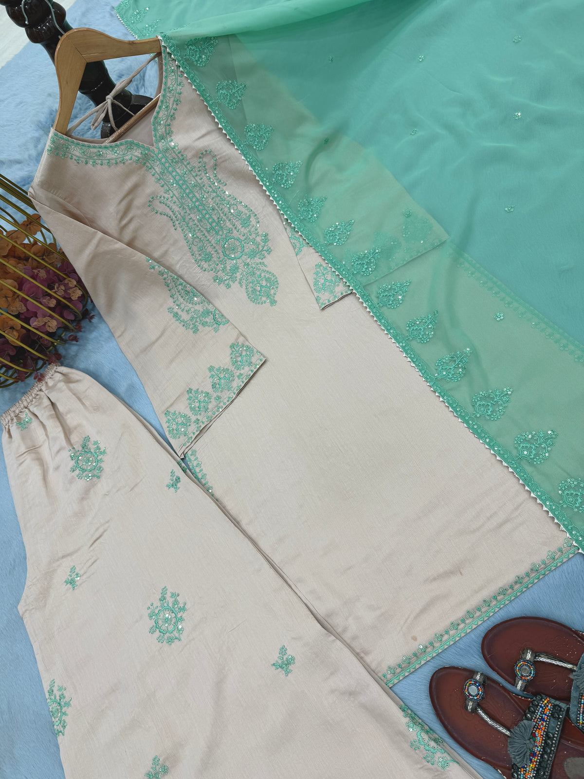 Pure Roman Silk Sequin Work Kurti Palazzo Set