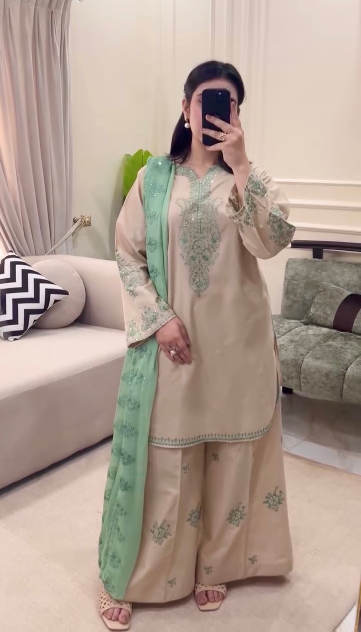 Pure Roman Silk Sequin Work Kurti Palazzo Set