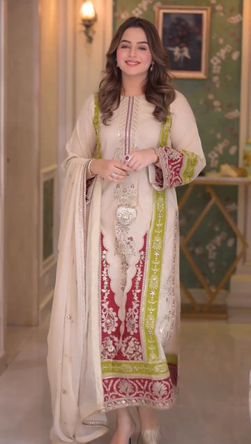 Designer Party Wear Roman Silk Top & Bottom With Dupatta Set