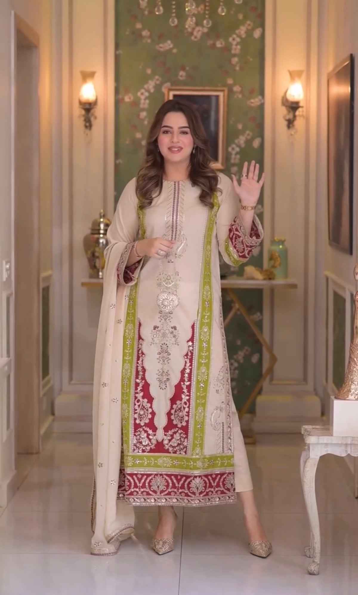 Designer Party Wear Roman Silk Top & Bottom With Dupatta Set