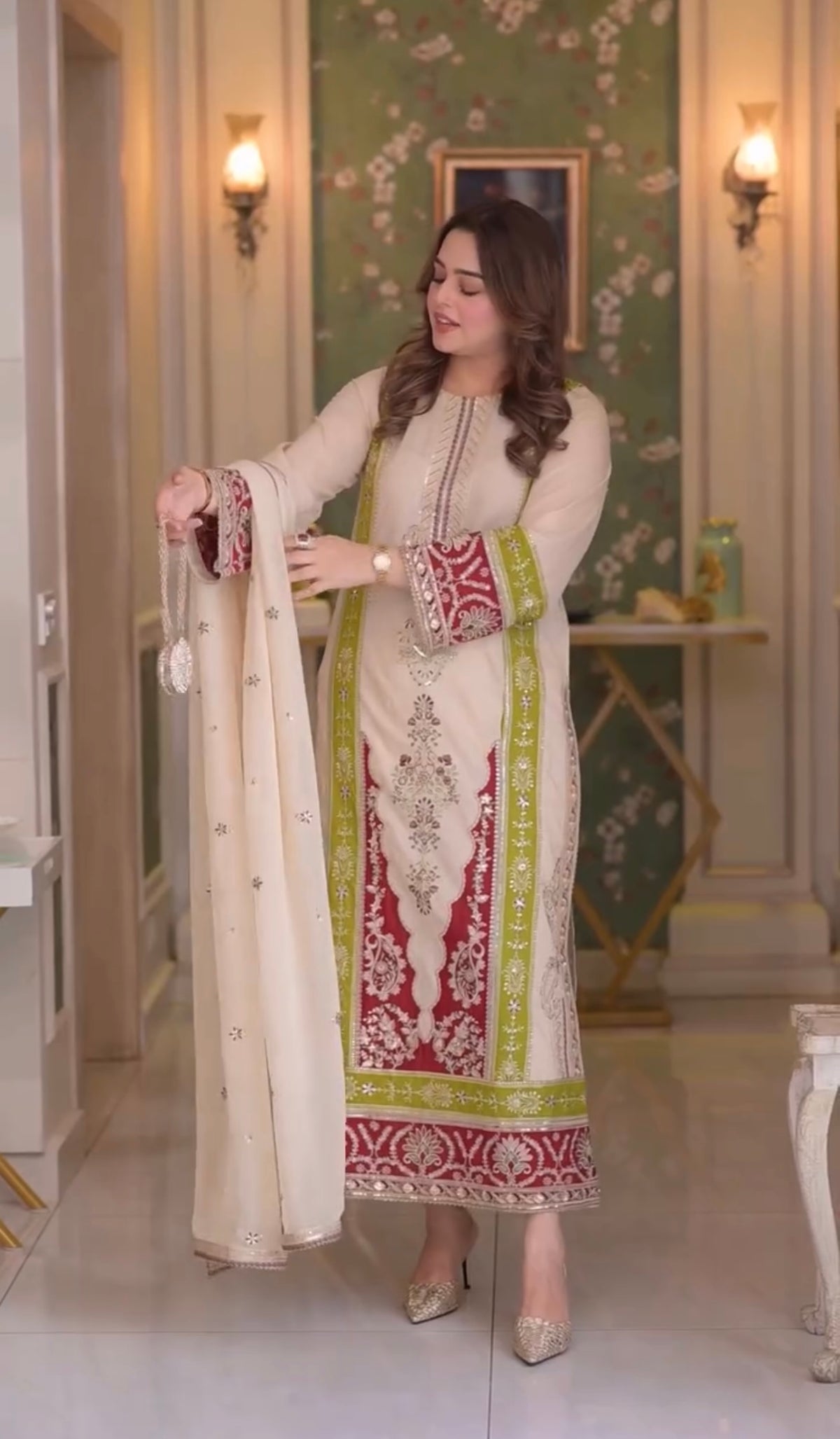Designer Party Wear Roman Silk Top & Bottom With Dupatta Set