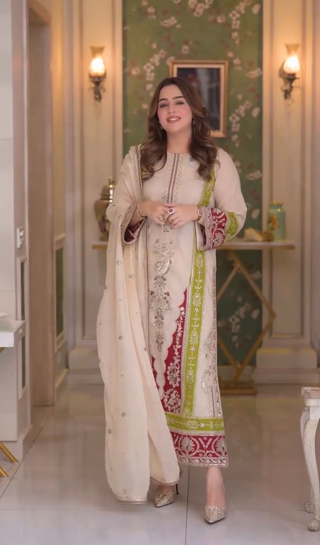 Designer Party Wear Roman Silk Top & Bottom With Dupatta Set