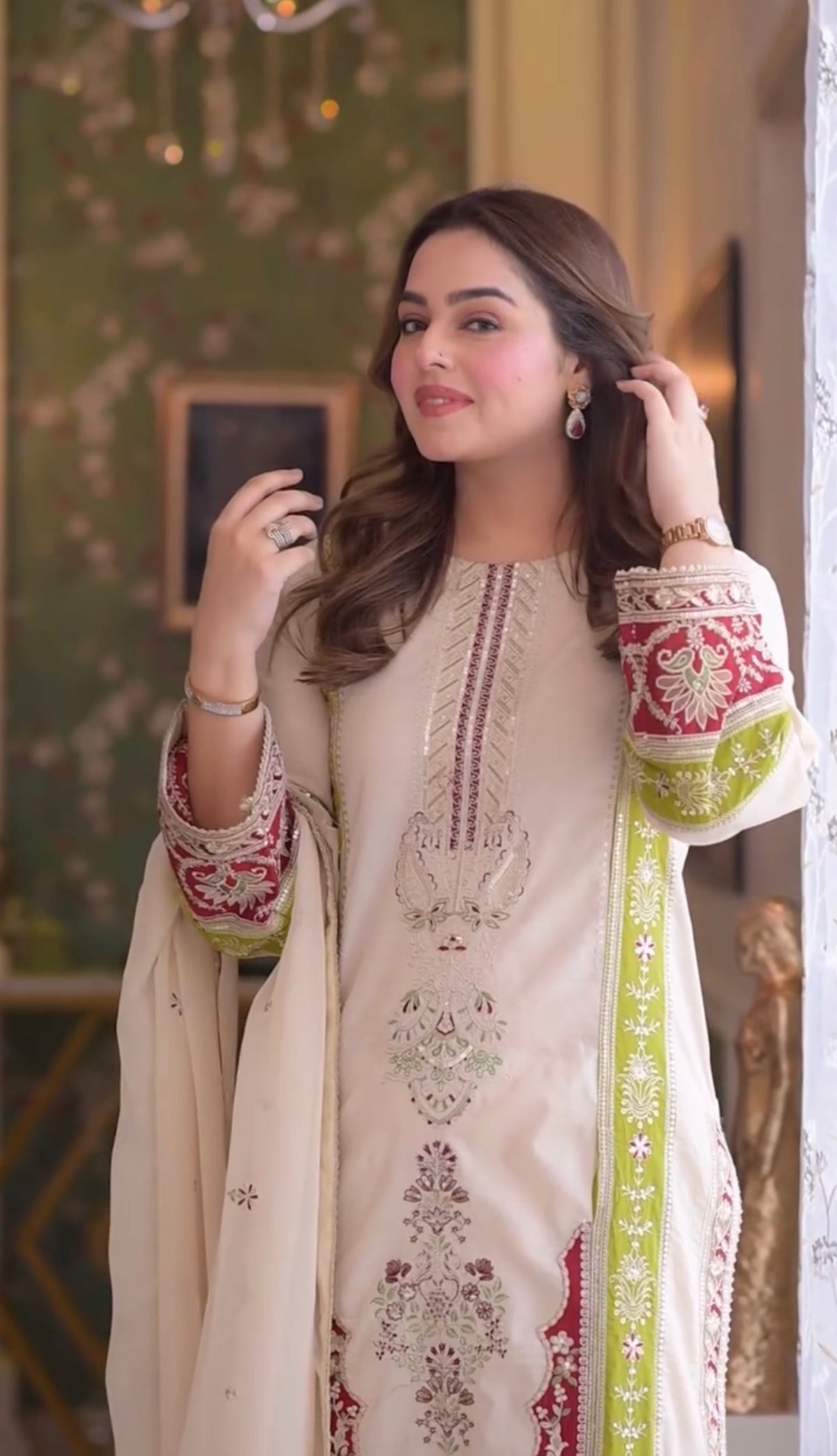 Designer Party Wear Roman Silk Top & Bottom With Dupatta Set