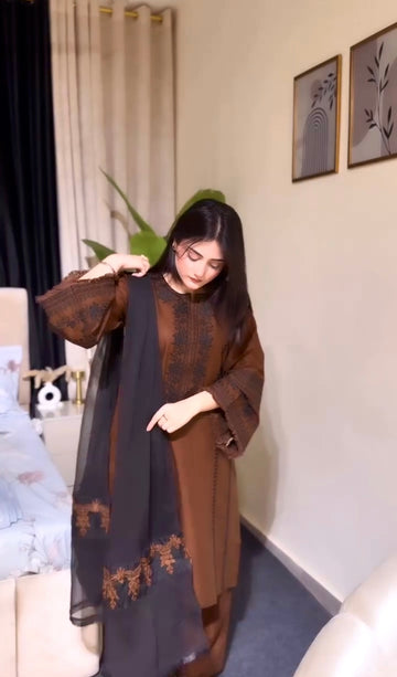 Designer Pure Roman Silk Kurti with GPU Lace Bell Sleeves & Embroidered Georgette Dupatta