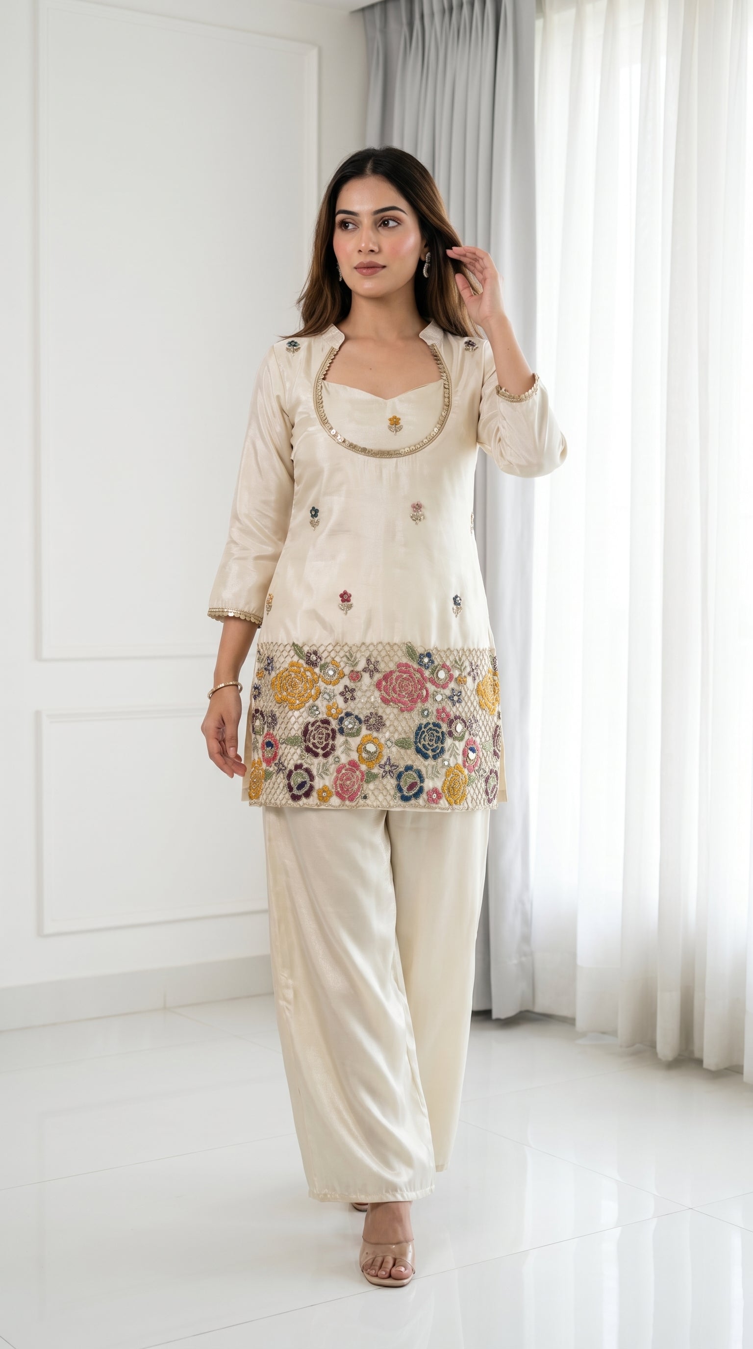 Ivory Cream Embroidered Kurta Set with Bustier & Palazzo for Women | Festive Ethnic Wear