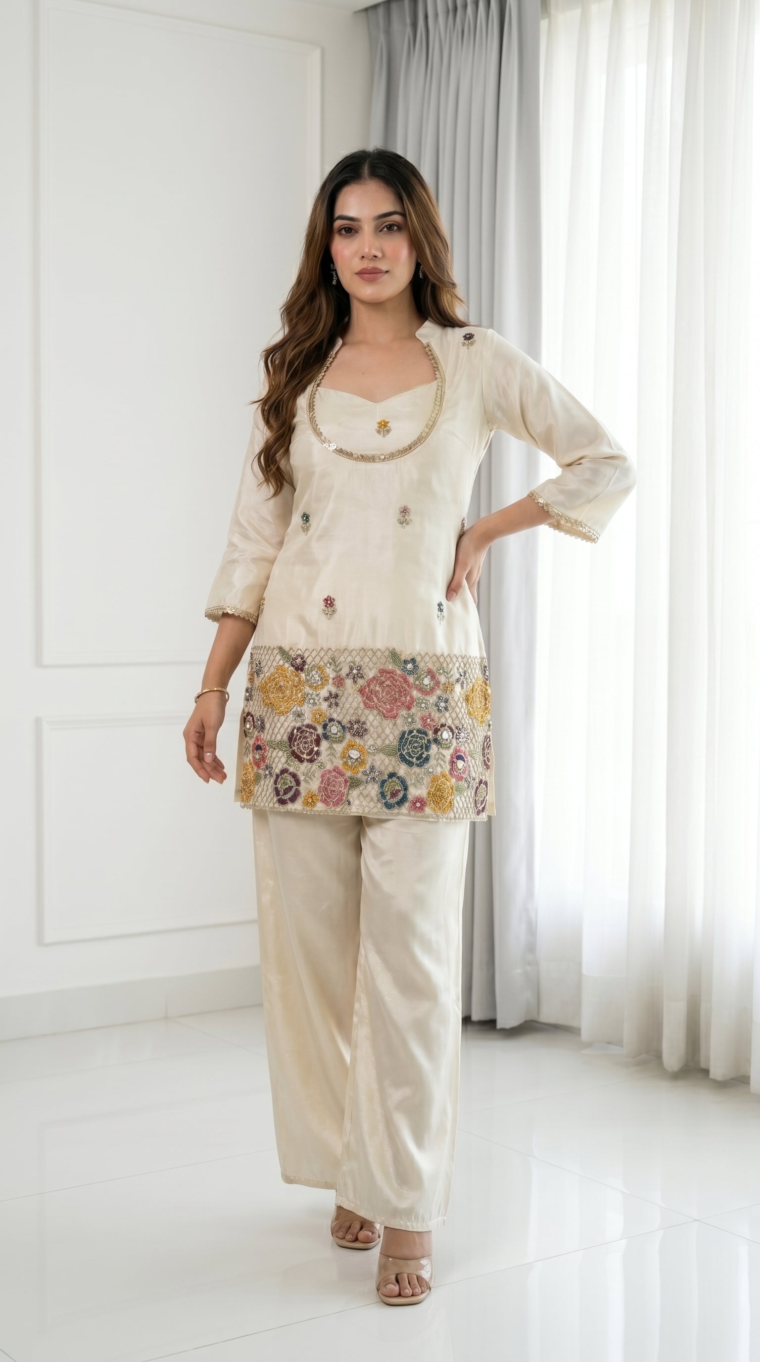 Ivory Cream Embroidered Kurta Set with Bustier & Palazzo for Women | Festive Ethnic Wear