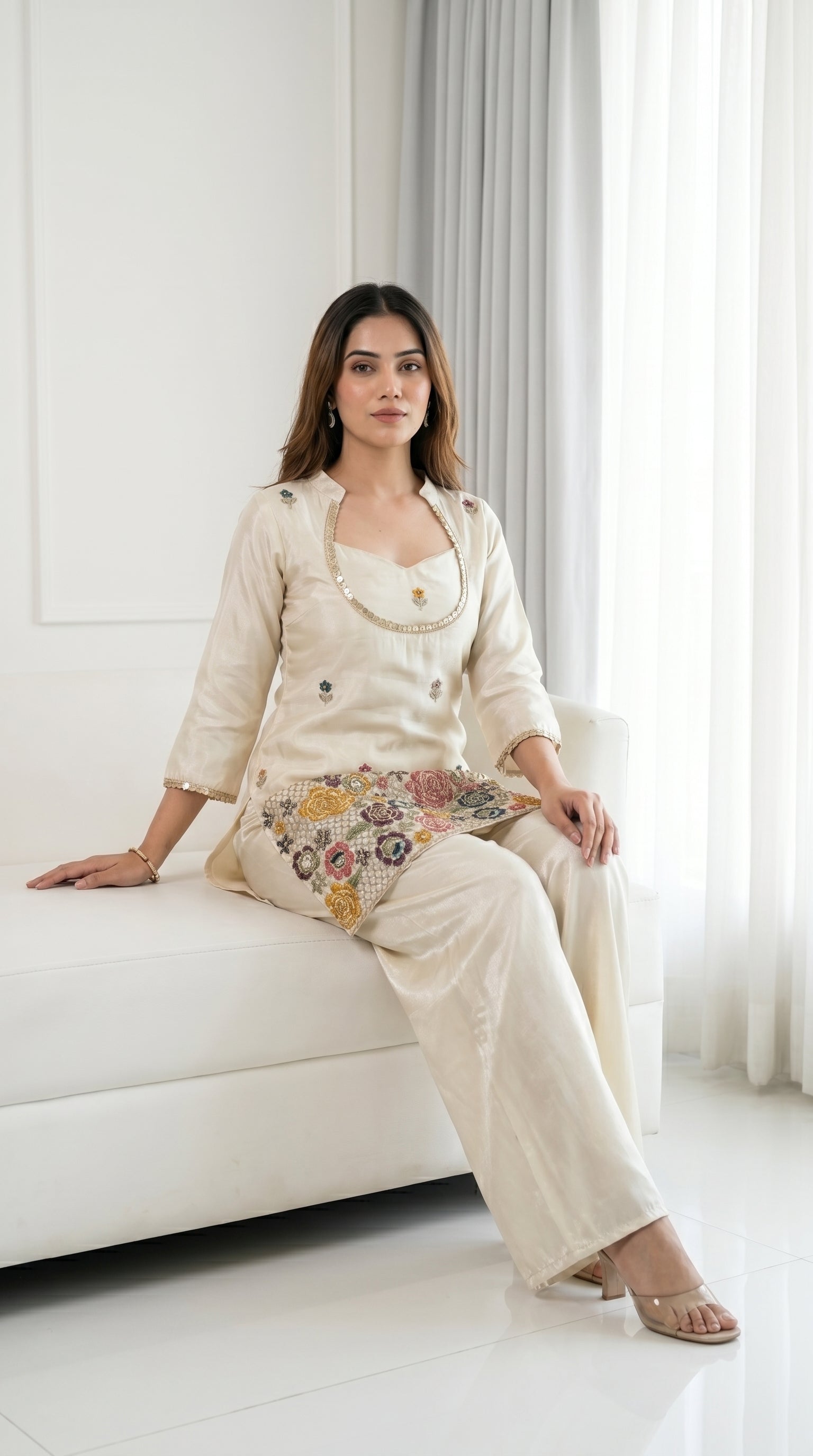 Ivory Cream Embroidered Kurta Set with Bustier & Palazzo for Women | Festive Ethnic Wear