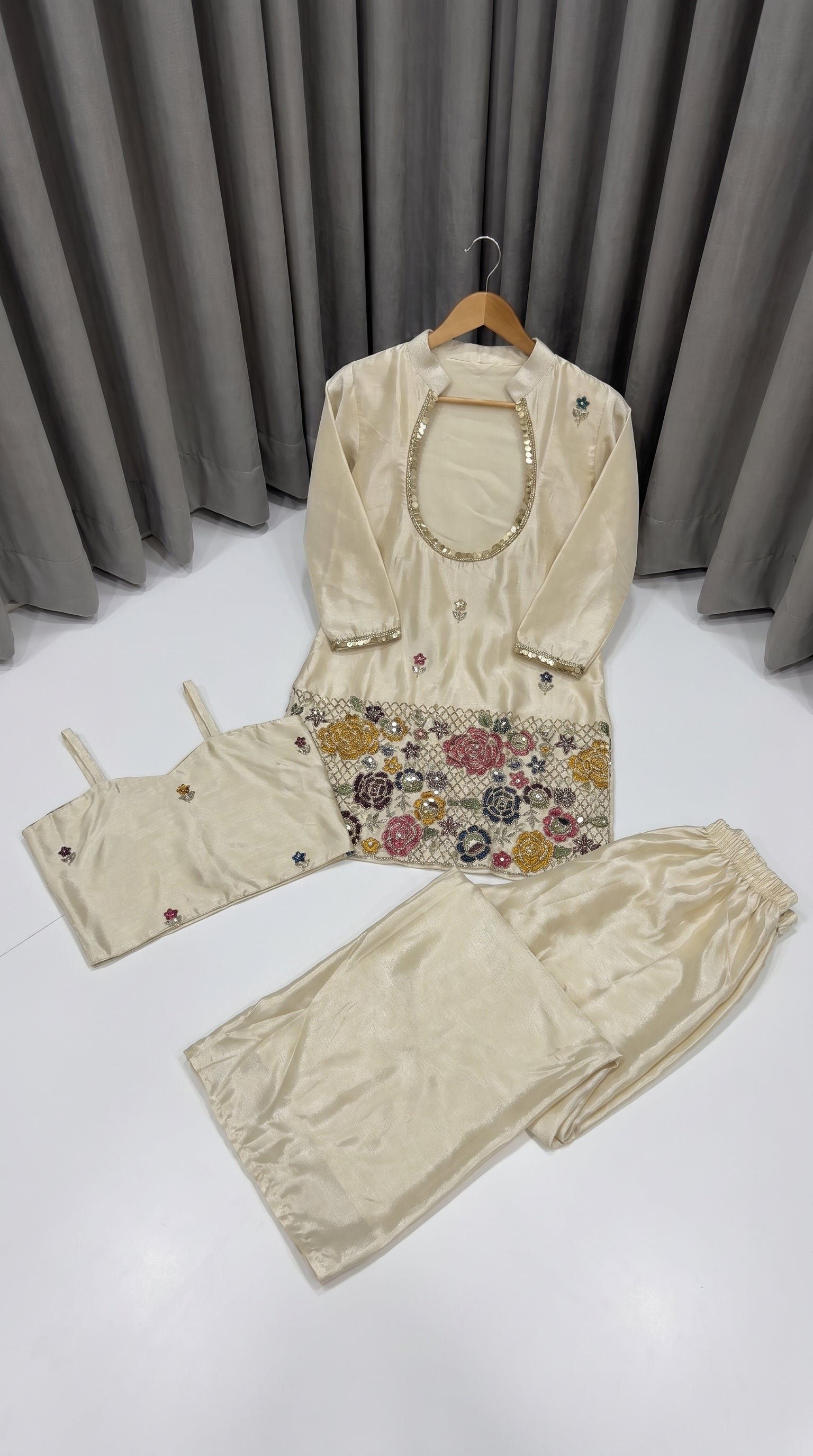 Ivory Cream Embroidered Kurta Set with Bustier & Palazzo for Women | Festive Ethnic Wear