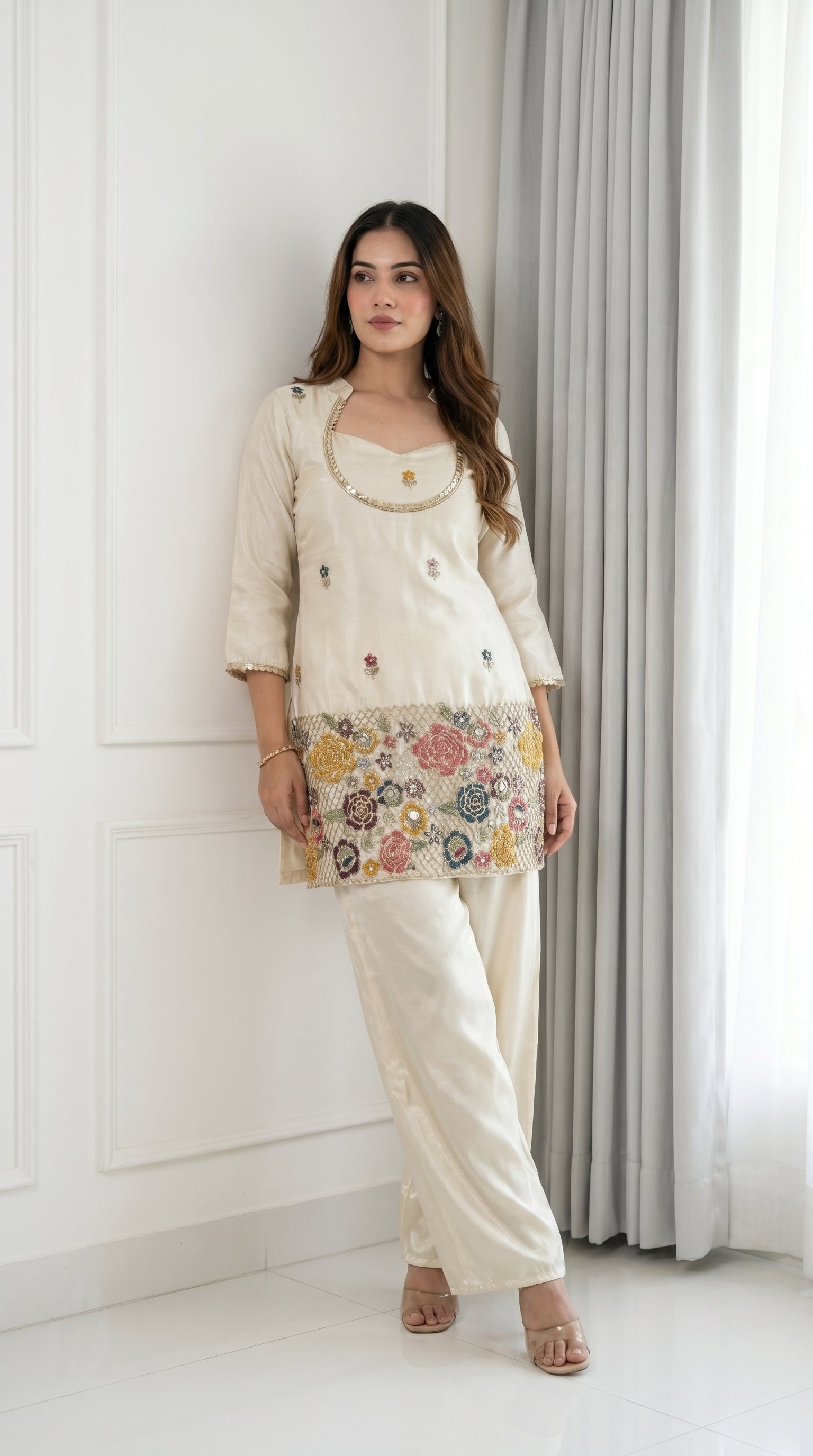 Ivory Cream Embroidered Kurta Set with Bustier & Palazzo for Women | Festive Ethnic Wear