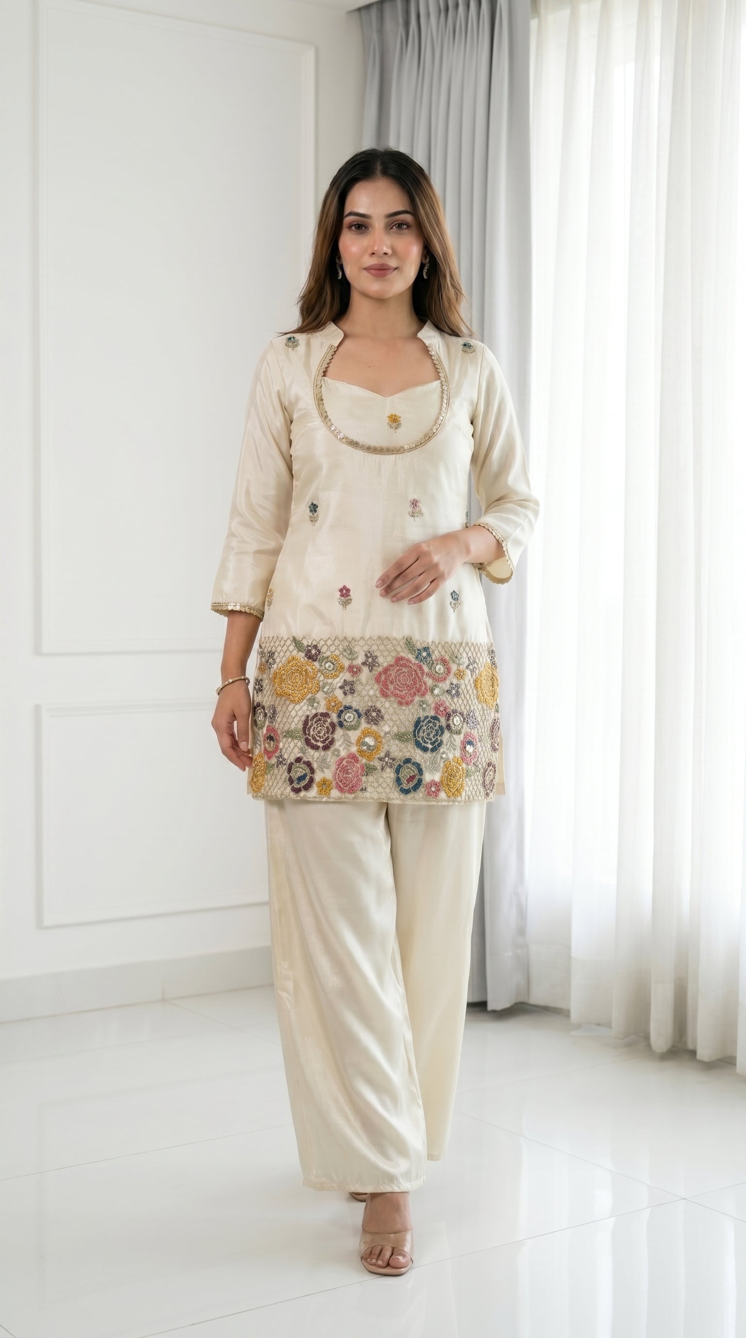 Ivory Cream Embroidered Kurta Set with Bustier & Palazzo for Women | Festive Ethnic Wear