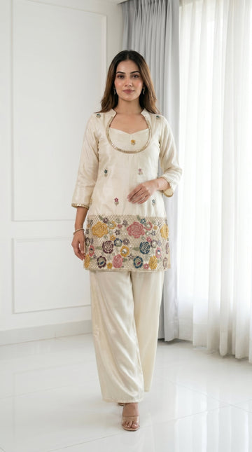 Ivory Cream Embroidered Kurta Set with Bustier & Palazzo for Women | Festive Ethnic Wear
