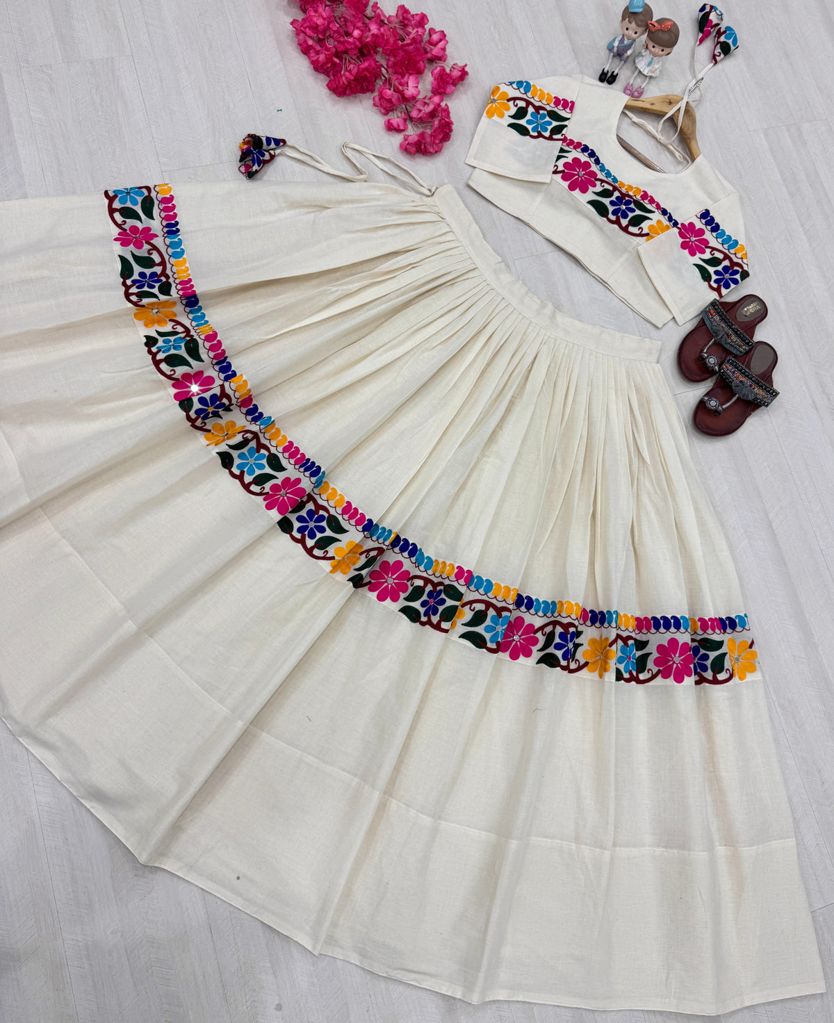 Festive Wear Pure Kora Cotton Gamthi Lehenga Set with Canvas Patti & Mirror Work