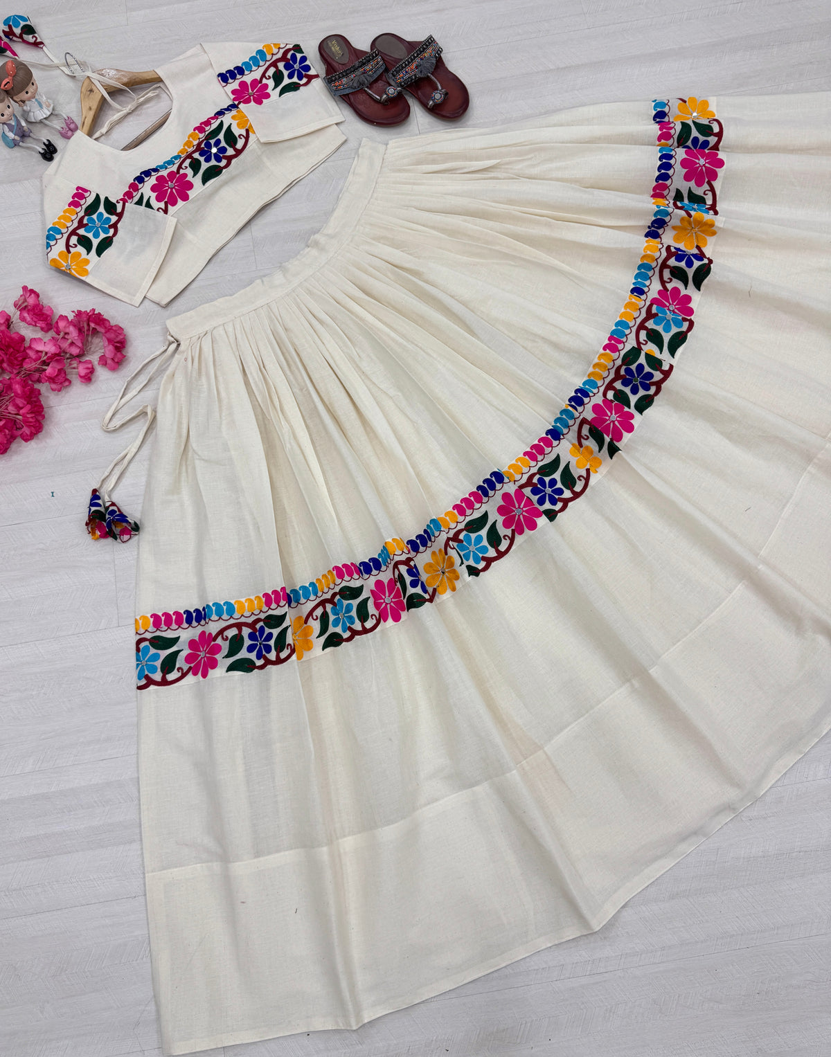Festive Wear Pure Kora Cotton Gamthi Lehenga Set with Canvas Patti & Mirror Work