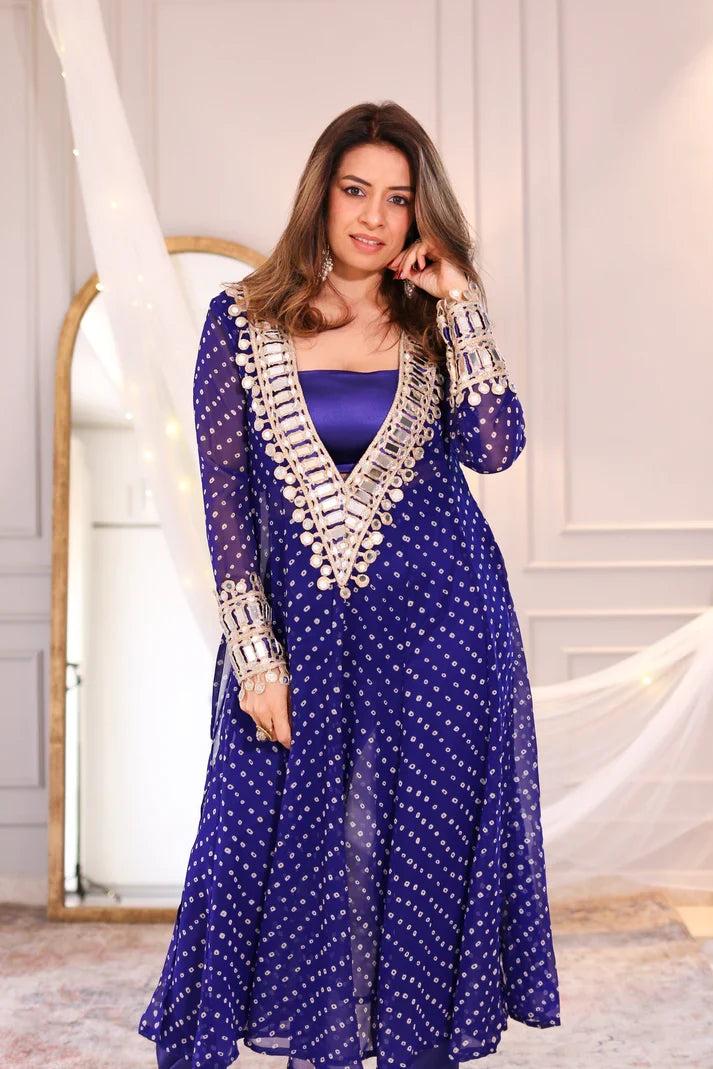 Anarkali Suit Set Designer Mirror Work -Georgette Fabric | Available in Mehendi Green, Royal Blue, Black  & Wine Purple