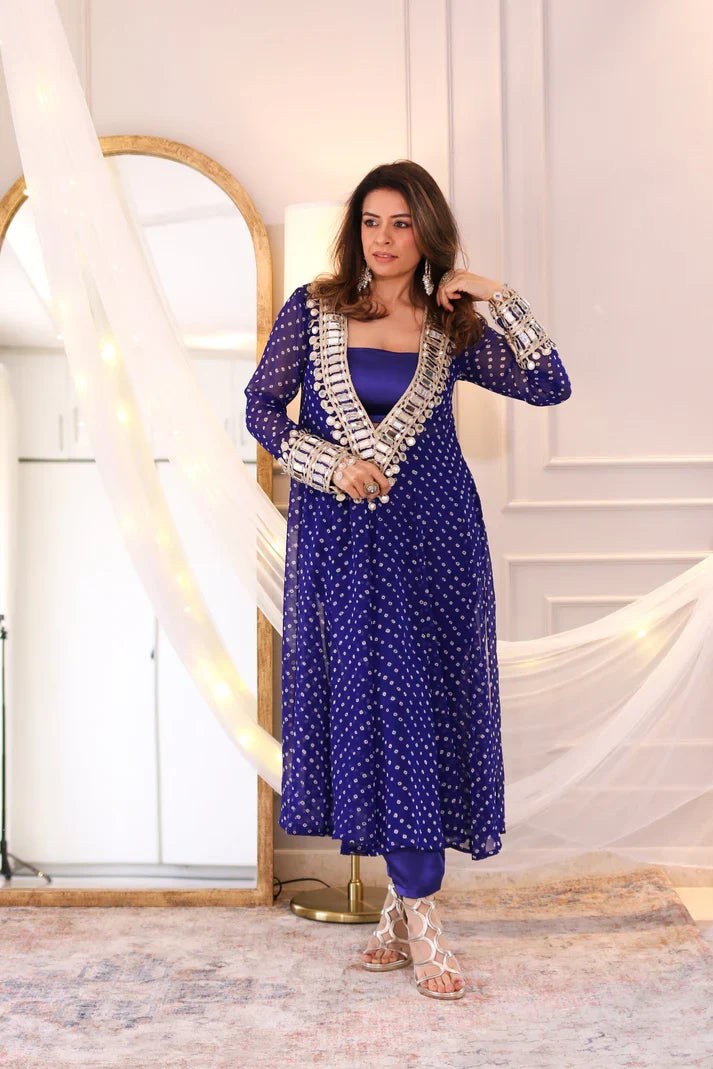 Anarkali Suit Set Designer Mirror Work -Georgette Fabric | Available in Mehendi Green, Royal Blue, Black  & Wine Purple