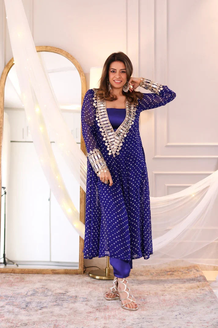 Anarkali Suit Set Designer Mirror Work -Georgette Fabric | Available in Mehendi Green, Royal Blue, Black  & Wine Purple