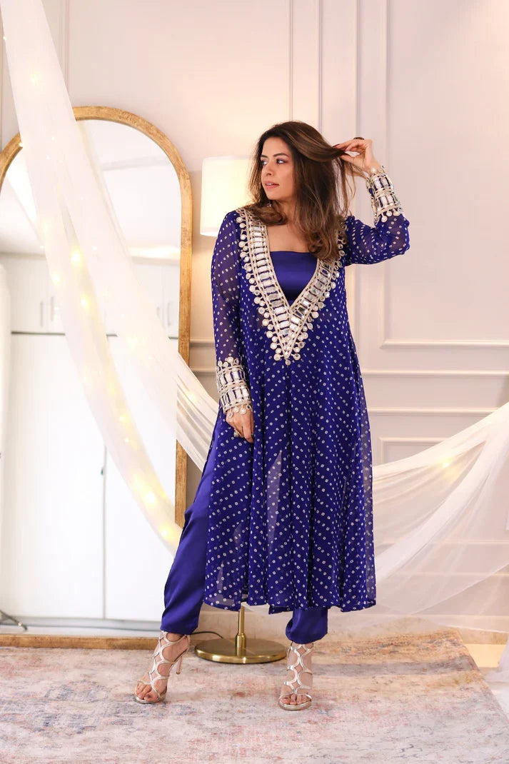 Anarkali Suit Set Designer Mirror Work -Georgette Fabric | Available in Mehendi Green, Royal Blue, Black  & Wine Purple