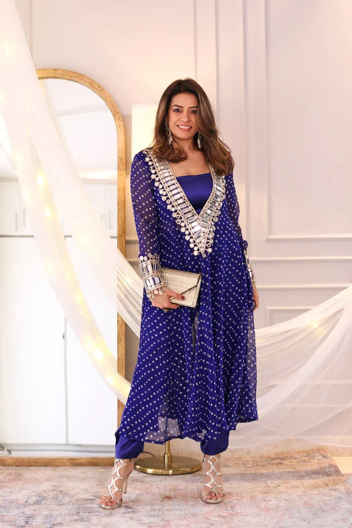 Anarkali Suit Set Designer Mirror Work -Georgette Fabric | Available in Mehendi Green, Royal Blue, Black  & Wine Purple
