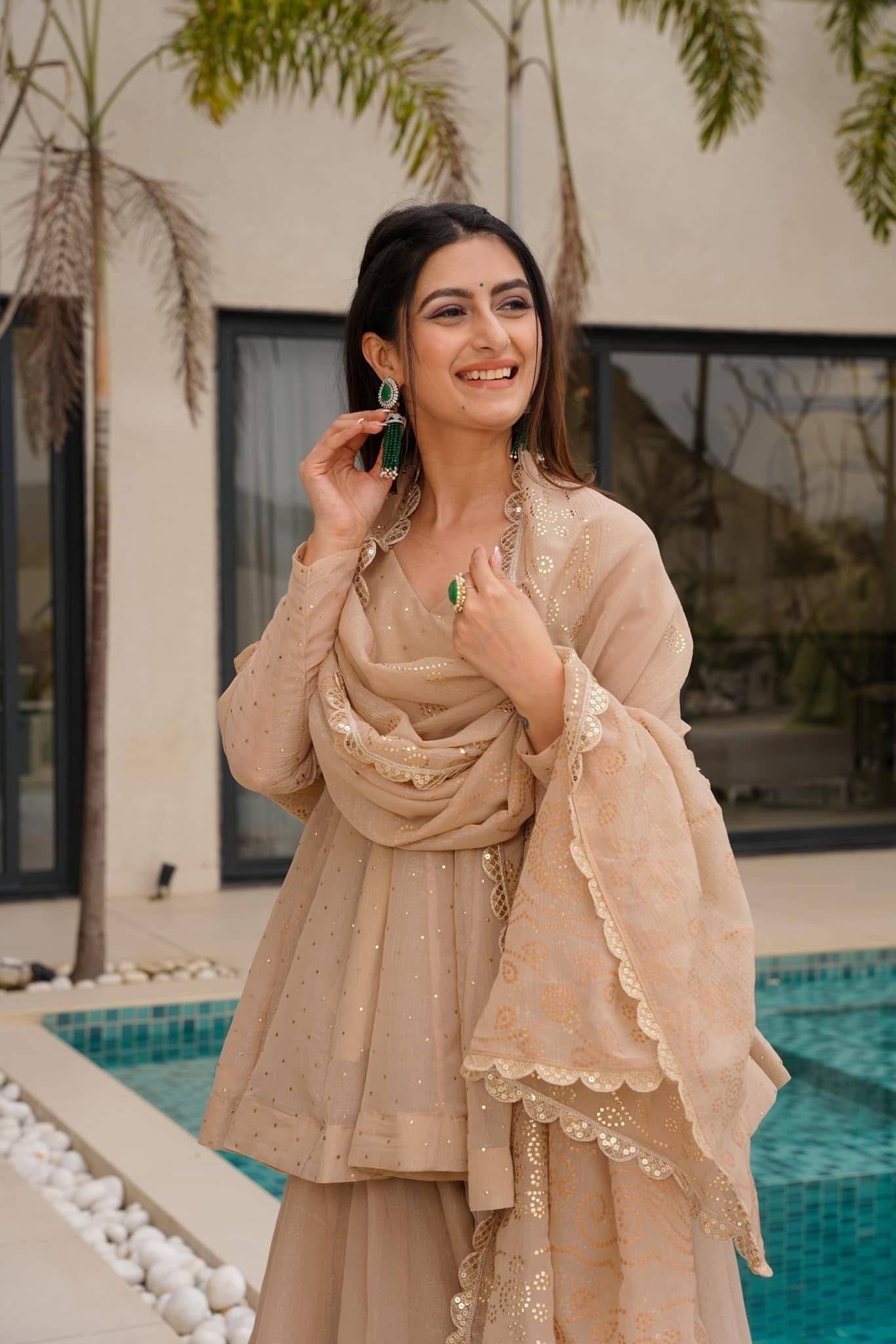 Beige Peplum Kurti Sharara Set with Embroidered Dupatta | Champagne Gold Party Wear Ethnic Suit for Women
