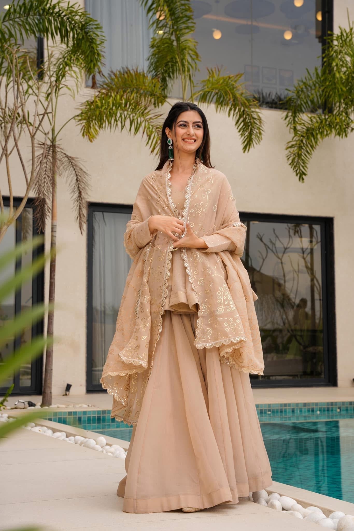 Beige Peplum Kurti Sharara Set with Embroidered Dupatta | Champagne Gold Party Wear Ethnic Suit for Women