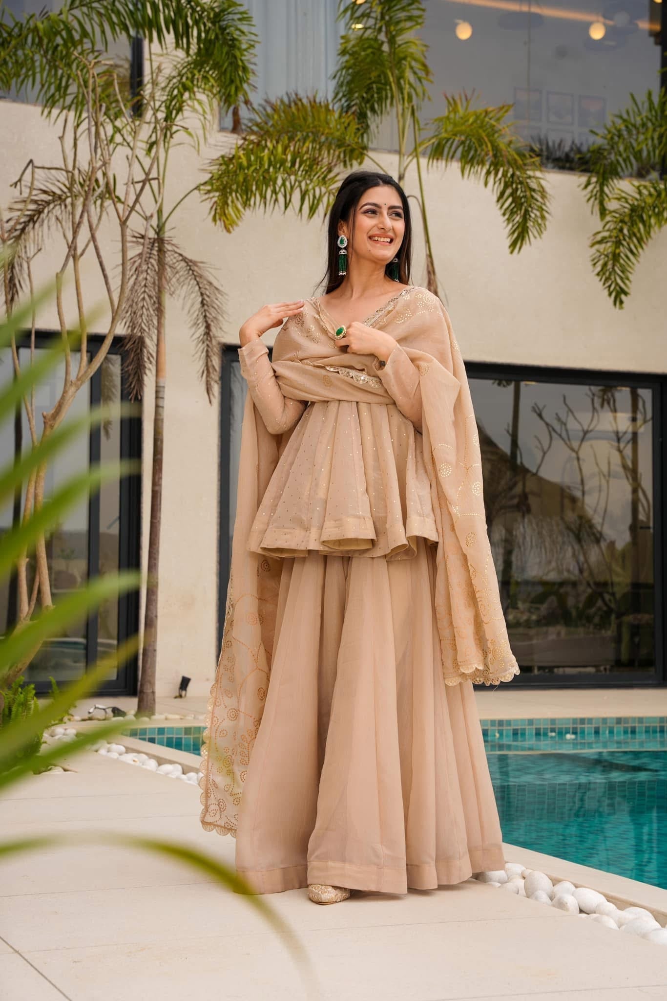 Beige Peplum Kurti Sharara Set with Embroidered Dupatta | Champagne Gold Party Wear Ethnic Suit for Women