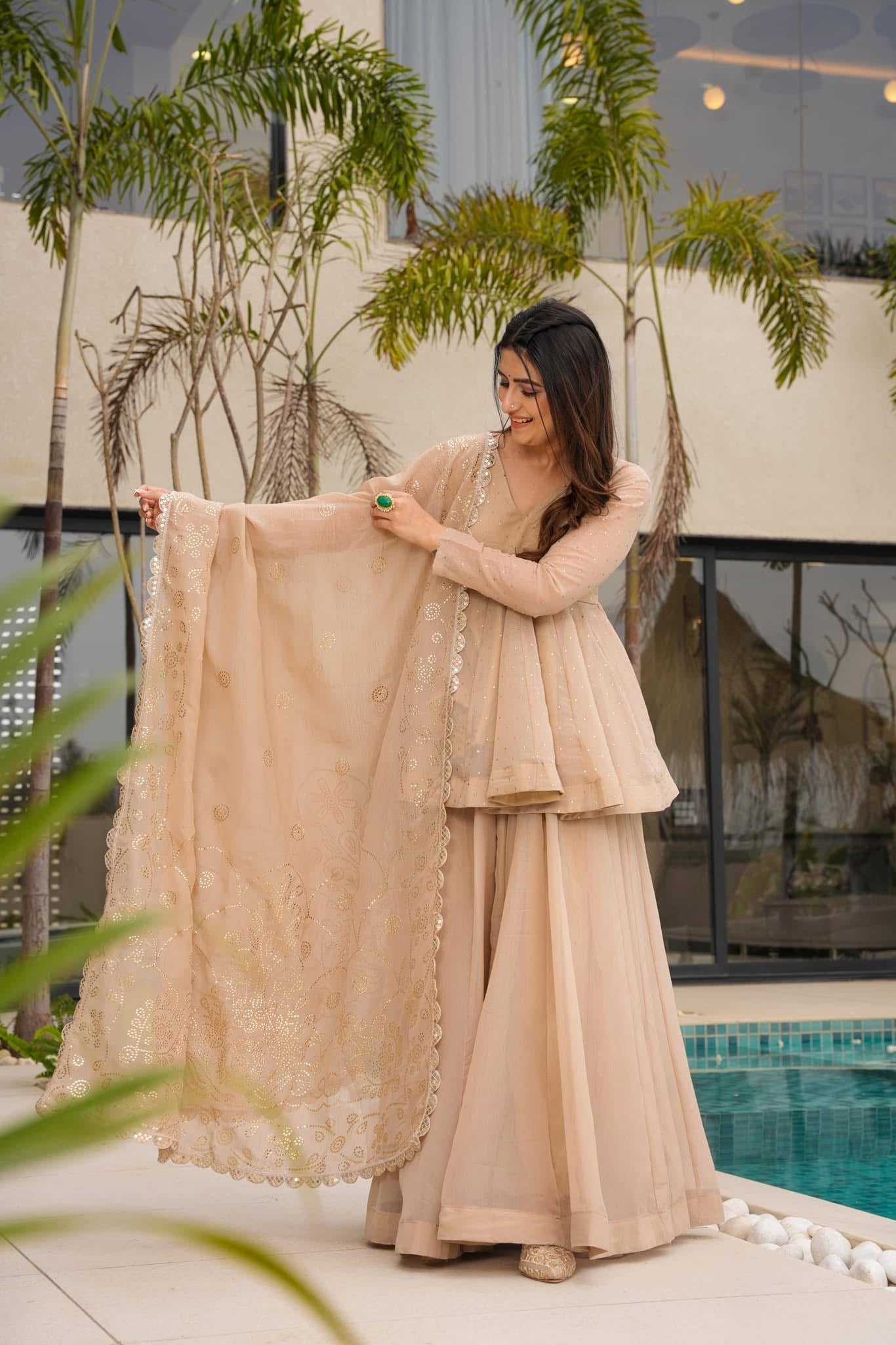 Beige Peplum Kurti Sharara Set with Embroidered Dupatta | Champagne Gold Party Wear Ethnic Suit for Women