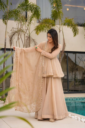 Beige Peplum Kurti Sharara Set with Embroidered Dupatta | Champagne Gold Party Wear Ethnic Suit for Women