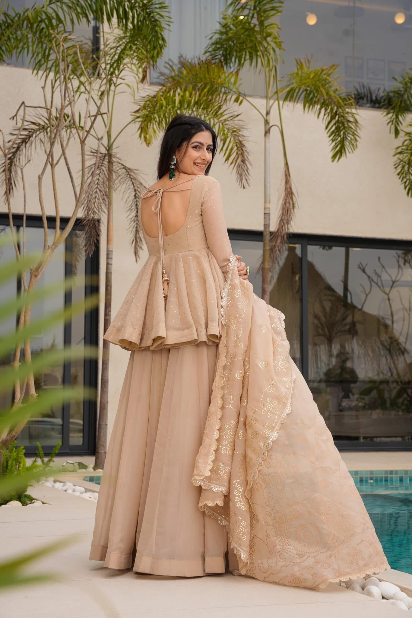 Beige Peplum Kurti Sharara Set with Embroidered Dupatta | Champagne Gold Party Wear Ethnic Suit for Women