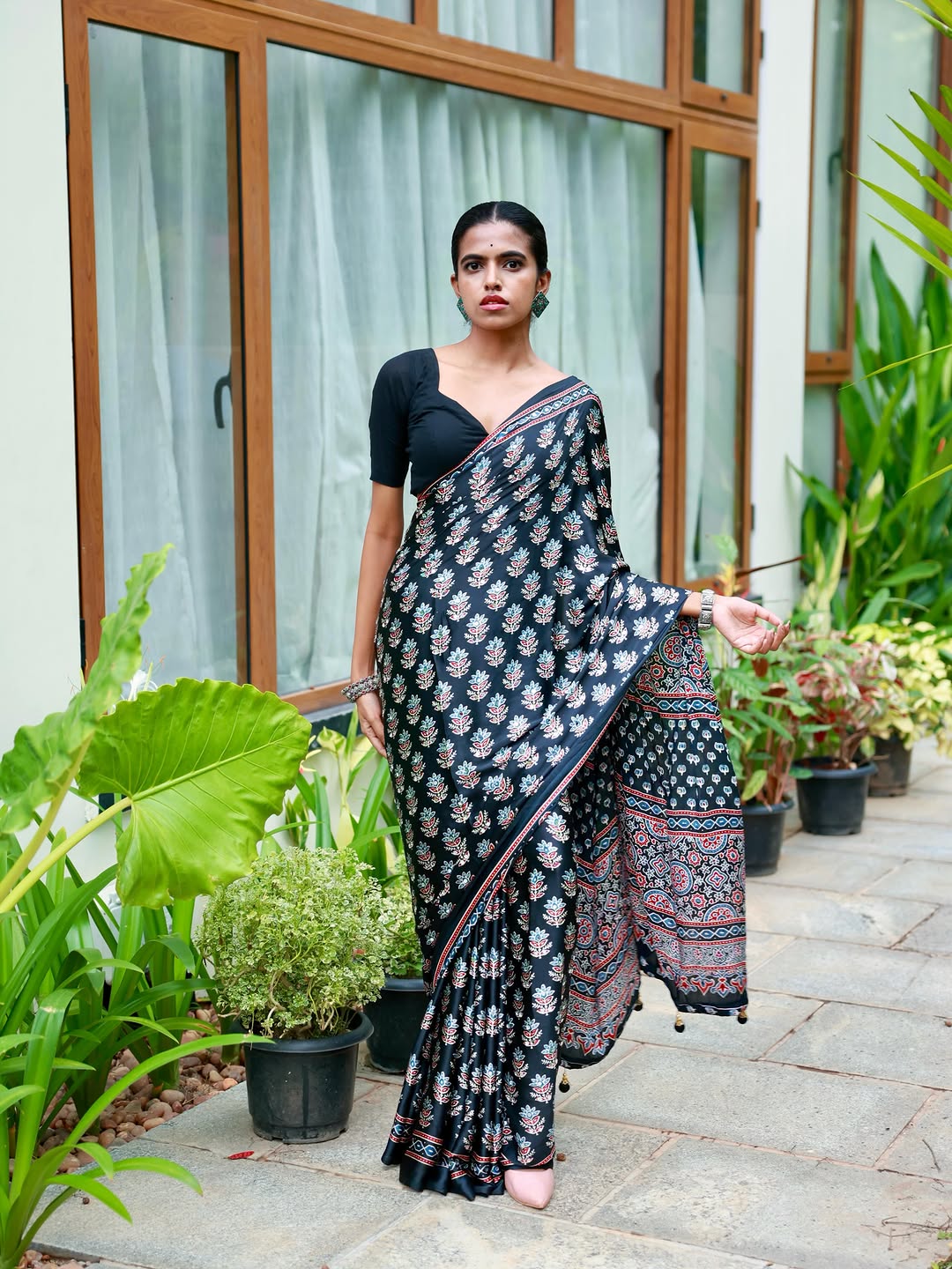 Midnight Black Pure Modal Silk Saree with Ajrakh Inspired Floral Print & Heritage Designer Pall
