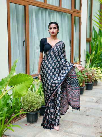 Midnight Black Pure Modal Silk Saree with Ajrakh Inspired Floral Print & Heritage Designer Pall