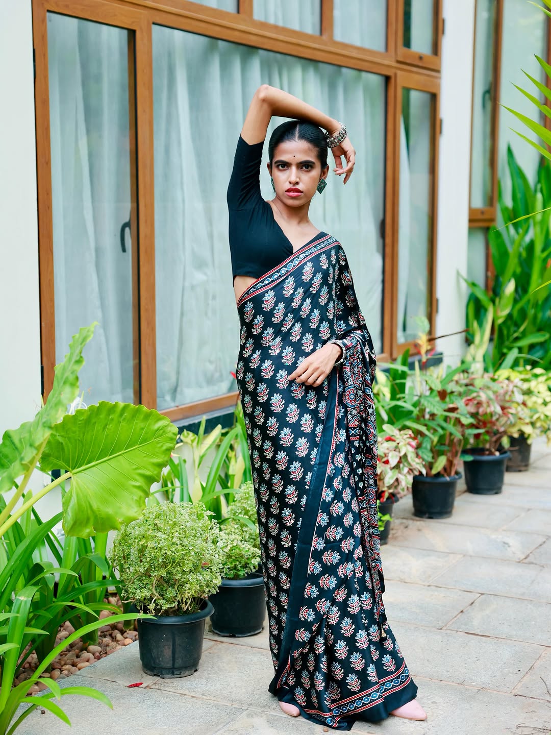 Midnight Black Pure Modal Silk Saree with Ajrakh Inspired Floral Print & Heritage Designer Pall