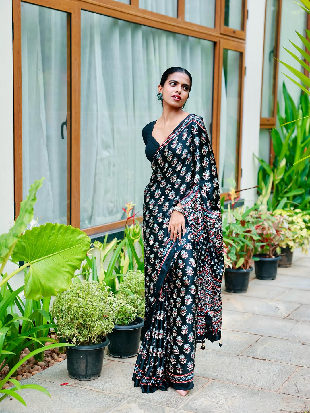Midnight Black Pure Modal Silk Saree with Ajrakh Inspired Floral Print & Heritage Designer Pall
