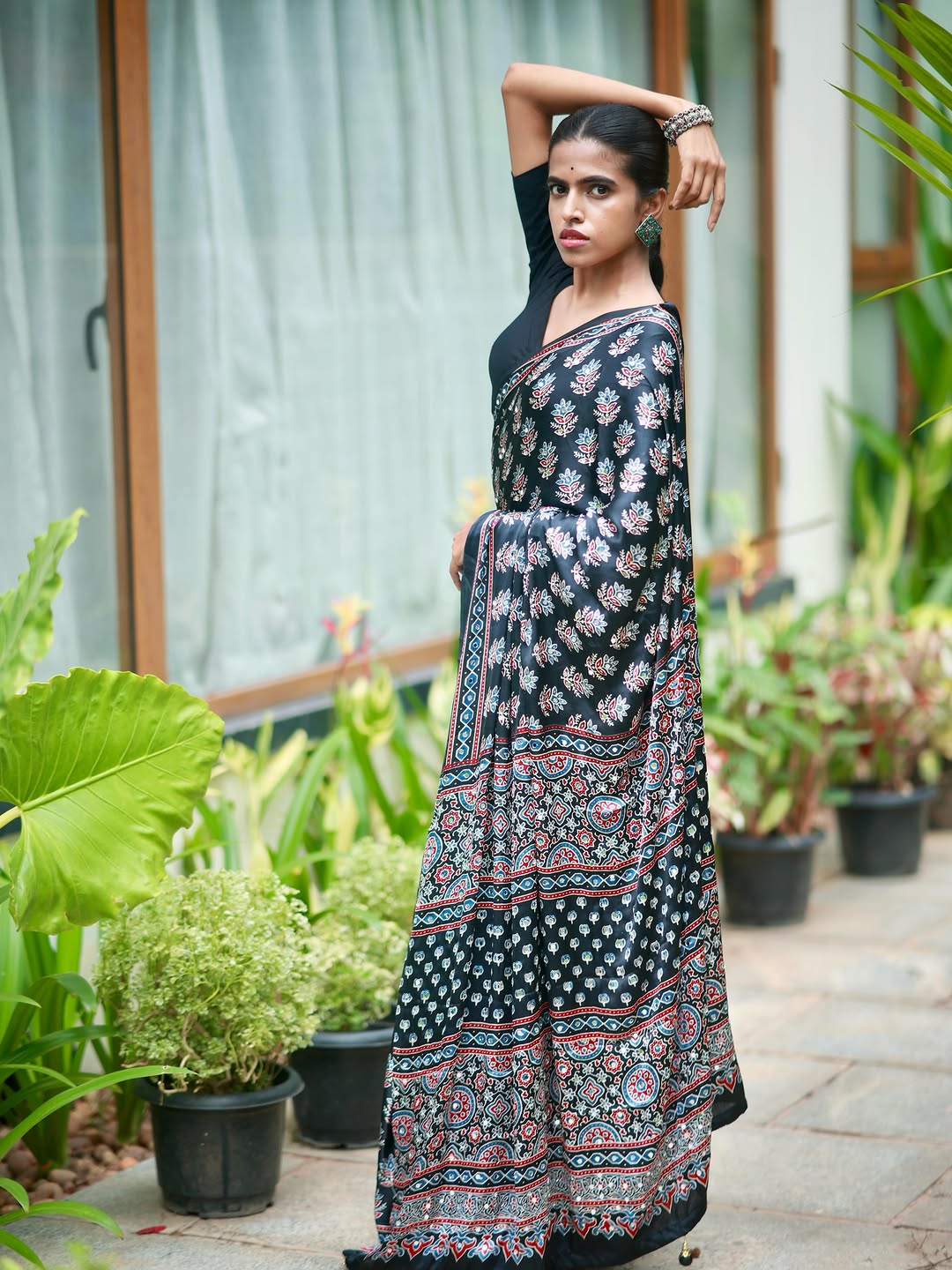 Midnight Black Pure Modal Silk Saree with Ajrakh Inspired Floral Print & Heritage Designer Pall