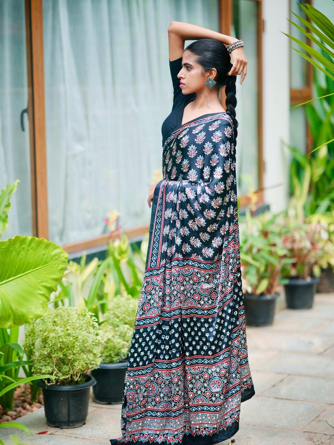 Midnight Black Pure Modal Silk Saree with Ajrakh Inspired Floral Print & Heritage Designer Pall