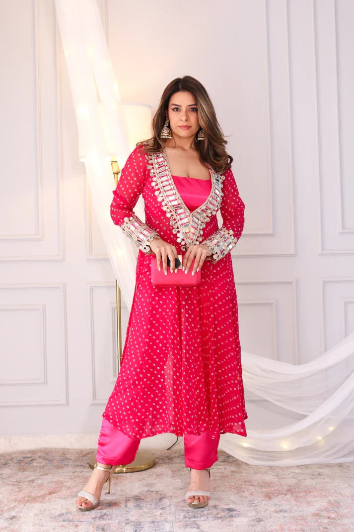 Anarkali Suit Set Designer Mirror Work -Georgette Fabric | Available in Mehendi Green, Royal Blue, Black  & Wine Purple