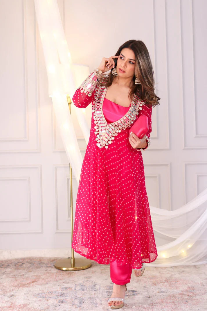 Anarkali Suit Set Designer Mirror Work -Georgette Fabric | Available in Mehendi Green, Royal Blue, Black  & Wine Purple