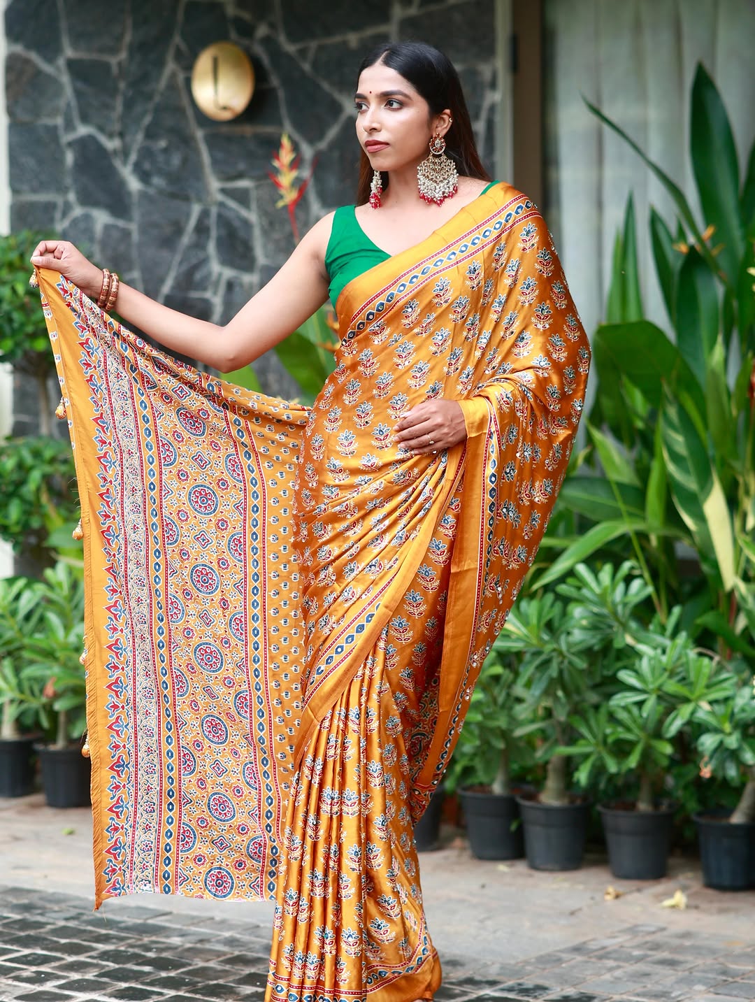 Mustard Gold Pure Modal Silk Saree with Ajrakh Inspired Floral Print & Heritage Designer Pallu